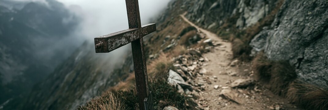 Weathered metal cross sharply in focus beside a winding switchback dirt path on a steep mountain slope blurred alpine rocks and misty low clouds create a moody documentary scene.