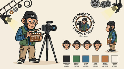 Cartoon monkey operating a film camera setup. © bay