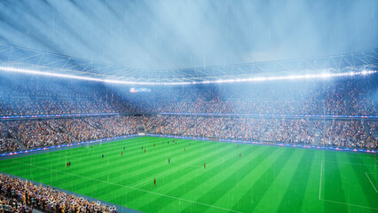 3D illustration of soccer players getting wet by rain on stadium pitch during match played at night. © DC Studio