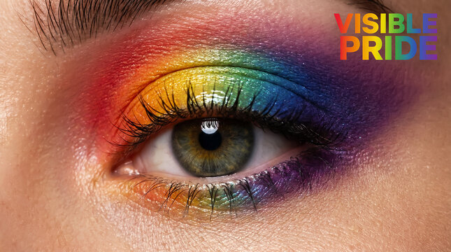 Web banner VISIBLE PRIDE. Close-up of female eye with vibrant rainbow eyeshadow makeup. Pride month. LGBT equality, LGBTQ plus diversity. Symbolism of concept love is love.