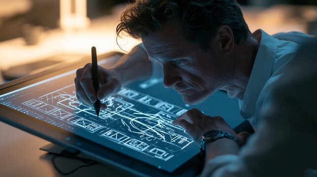 Focused professional male architect drafting a complex building blueprint on a glowing digital touch screen monitor