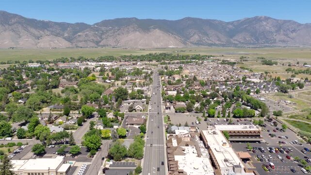 Minden Nevada - Aerial View of Downtown Minden along 395 facing North with Sierra Nevada Mountains