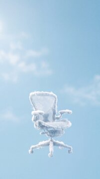 Surreal Ergonomic Office Chair Made of Soft White Clouds Floating in a Clear Blue Sky