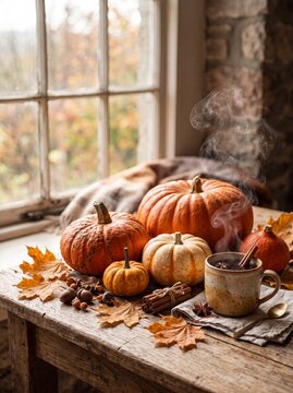 Autumn still life with pumpkins, steaming mug of spiced drink, and fall leaves on a rustic wooden table