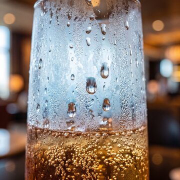 Macro view of a chilled glass with condensation droplets and carbonated golden liquid in a blurred bar setting