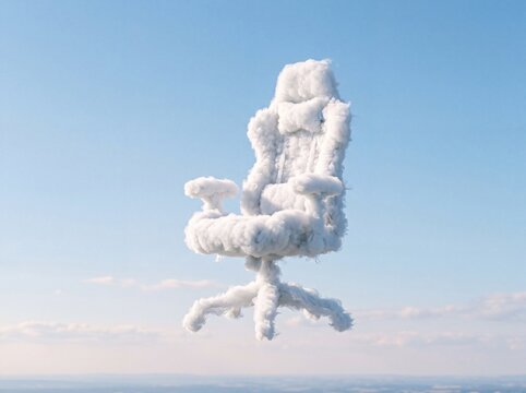 Surreal gaming chair made of fluffy white clouds floating in a clear blue sky