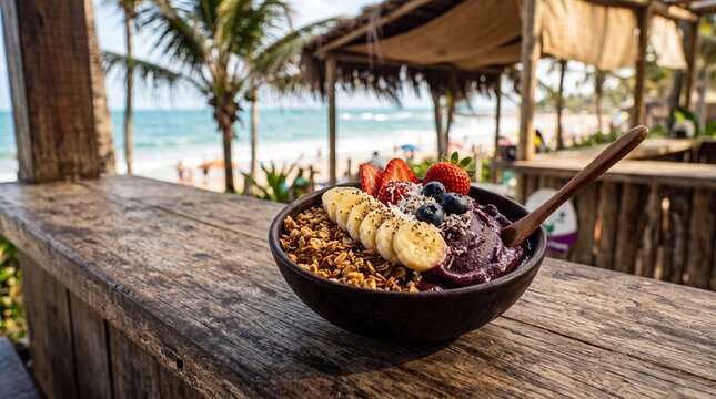 Healthy acai bowl topped with banana, strawberries, and granola on a rustic wooden table overlooking a tropical beach