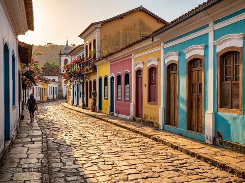 Colorful colonial houses on a cobblestone street in Paraty, Brazil at sunset