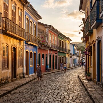 Historic colonial street with vibrant colorful houses and cobblestone pavement during golden hour in Paraty, Brazil