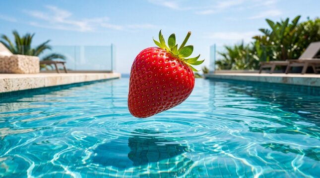 Fresh red strawberry levitating above a luxury swimming pool on a sunny day