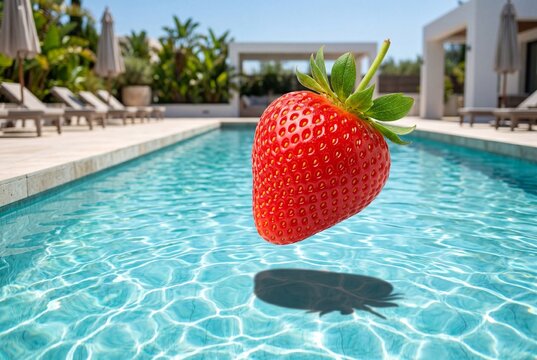 Fresh red strawberry levitating over a crystal clear luxury swimming pool at a tropical resort