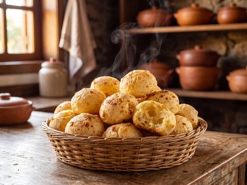 Freshly baked Brazilian cheese bread, Pao de Queijo, steaming in a wicker basket on a rustic wooden table in a traditional kitchen