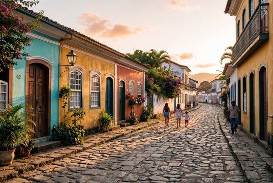 Historic cobblestone street with colorful colonial houses and people walking during sunset in Paraty, Brazil