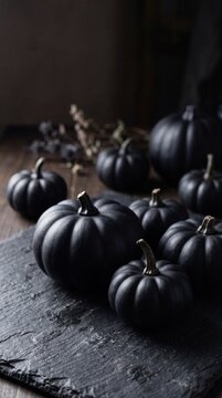 Group of matte black pumpkins on a dark slate surface for moody Halloween or gothic autumn decor