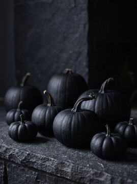 Elegant arrangement of matte black pumpkins on a dark textured stone surface for gothic Halloween decor