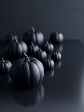 Elegant black matte pumpkins arranged on a dark reflective surface for minimalist Halloween decor