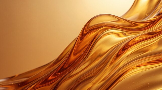 Abstract golden liquid flowing in smooth glossy waves with amber reflections