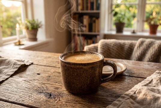 Steaming cup of hot coffee on a rustic wooden table in a cozy home interior with bookshelves and soft window light