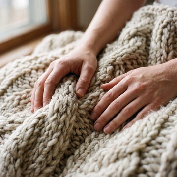 Close up of hands resting on a thick chunky knit wool blanket by a window