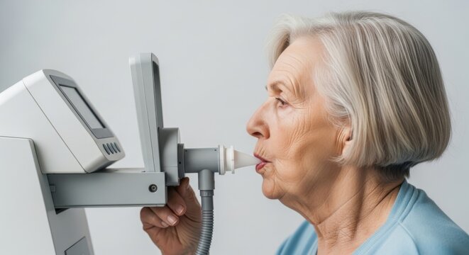 Senior woman undergoing spirometry test for respiratory health assessment at clinic