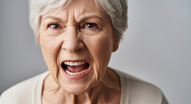 Close-up of an angry senior woman screaming, expressing frustration and fury with mouth open and wrinkled face