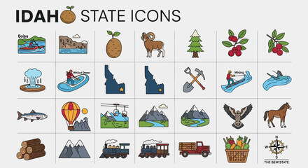 Fototapeta premium Graphic set of Idaho state icons featuring nature landmarks wildlife and outdoor activities in a flat color style