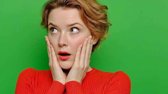 Female holding her hands to her cheeks in surprise