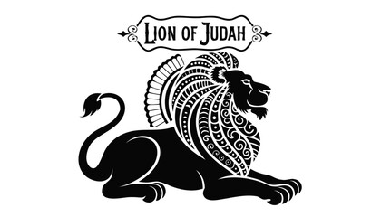 Very beautiful black-and-white engraved vector illustration featuring the LION OF JUDAH with majestic mane details and a decorative cultural label reading "LION OF JUDAH", rendered in elegant monochro © williamnoah