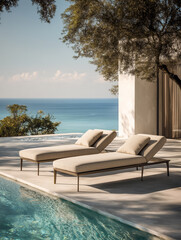 Fototapeta premium Two luxury sun loungers standing on a minimalist outdoor terrace by a swimming pool with a stunning scenic panorama view of the calm blue sea ocean and olive tree