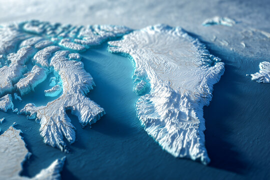 3D relief map of Greenland and the Arctic region with detailed icy terrain. Realistic miniature model globe view showing snowy mountains and blue ocean waters