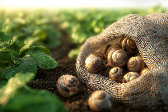 Harvested edible snails in a burlap sack on the ground of a snail farm. Close up view of escargot shells on soil next to green plants in organic agriculture field