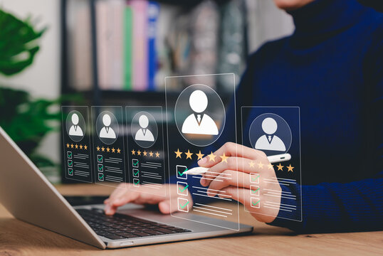 Candidate Review and Talent Evaluation Concept. HR manager reviewing candidate profiles with ratings and checklists. applicant screening, talent assessment, hiring decisions, recruitment quality