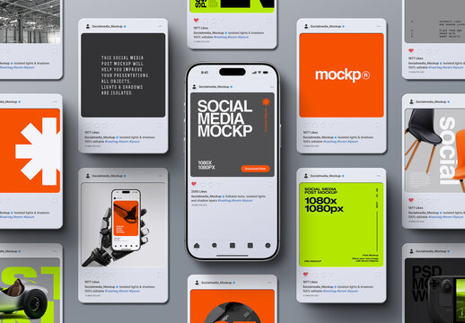 Social Media Post Mockup Set + Phone V2 - (13 Objects) 