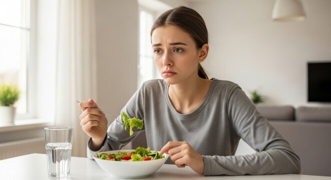 Unhappy young woman looking at her healthy salad with a frustrated expression, struggling with diet or eating disorder