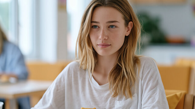 Young woman in an eating disorder recovery day program seated at a supervised meal table in a clinical facility, a registered dietitian nearby offering encouragement, the fragile