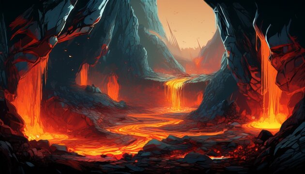 illustrated digital scene capturing lava flow inside a volcanic cave with natural roof holes