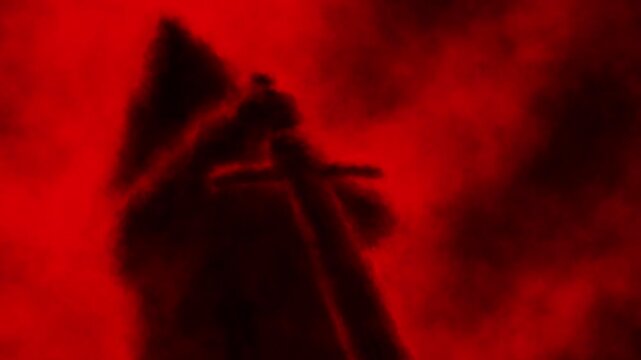 Gloomy ancient warrior silhouette. Scary knight ghost with sword in smoke. Horror fantasy genre. Dark spirit cave. Animated video clip. Creepy short film for spooky Halloween and  Vj loops.