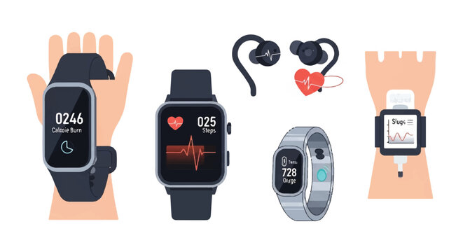 Collection of diverse wearable smartwatches on wrists showcasing health tracking and digital timekeeping.