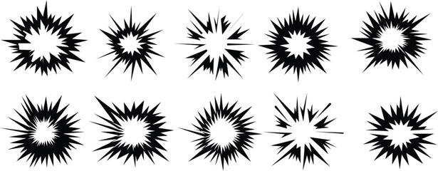 Ten black and white comic book style explosion jagged starburst shapes, and impact bursts on a plain white background, set © farhanatisha