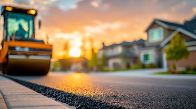 Asphalt road construction roller machine working on new street at sunset