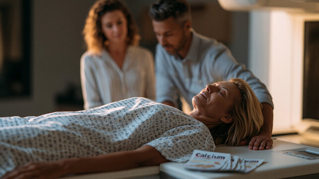 Bone density scan technician assisting a woman in her fifties onto a DEXA scan table in a dimly lit radiology suite, calcium supplement pamphlets fanned on a nearby counter, the