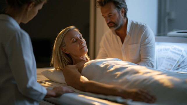 Bone density scan technician assisting a woman in her fifties onto a DEXA scan table in a dimly lit radiology suite, calcium supplement pamphlets fanned on a nearby counter, the