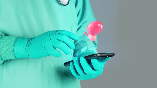 Urology specialist interacts with 3D hologram of the prostate and bladder from a portable device, digital urological diagnostic concept, prostate cancer prevention medical technology and men's health.