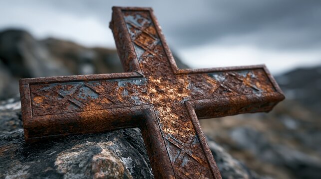 Closeup of a rustic metal cross with textured rust patterns set against blurred exposed rocky terrain and a dramatic overcast sky highlighting alpine solitude and rugged mountain