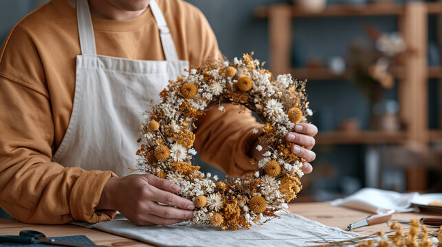 Funeral floral designer creates harvest wreath arrangement for autumn memorial service in modest backroom studio, dried seedheads and late summer botanicals woven on willow frame,