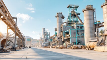 Fototapeta premium Industrial factory plant with machinery and large metal structure under blue sky