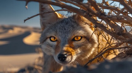 Fototapeta premium Desert Fox Partially Hidden Behind Dry Shrubs in Arid Landscape