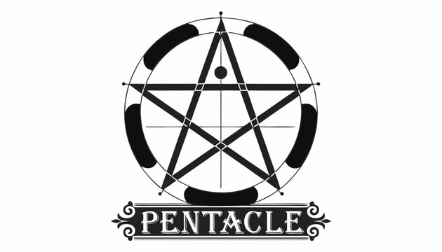 Very beautiful black-and-white engraved vector illustration featuring the PENTACLE with precise geometric linework and a decorative cultural label reading "PENTACLE", isolated on white background.