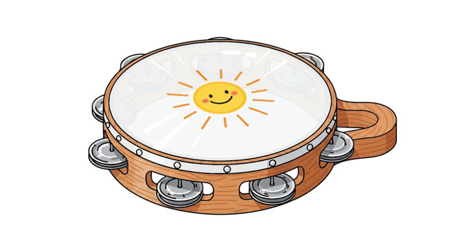 Sunny tambourine with jingles and wooden frame ready for music making.
