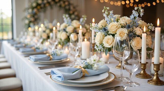 Elegant wedding reception table setting with light blue napkins, luxury white rose centerpieces, burning candles and crystal wine glasses for romantic marriage banquet celebration
